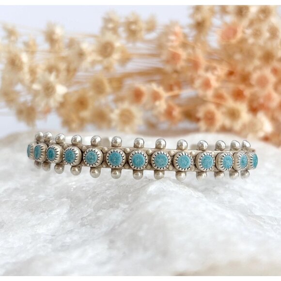 Zuni Pueblo Turquoise Mexican Made Sterling Silver 925 Vintage Bangle Bracelet - Picture 1 of 8